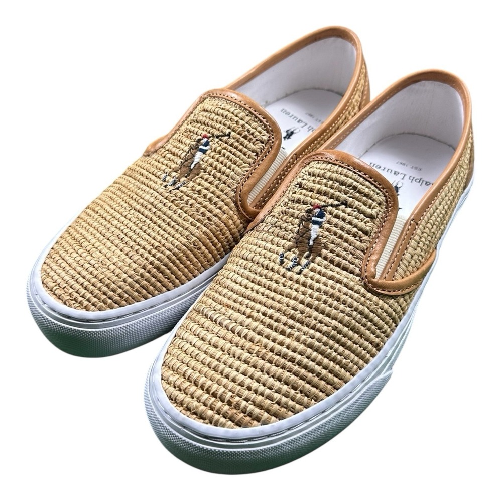Polo Ralph Lauren Raffia Woven Horse Embroidered Loafer Brown Slip On Shoes 7.5
